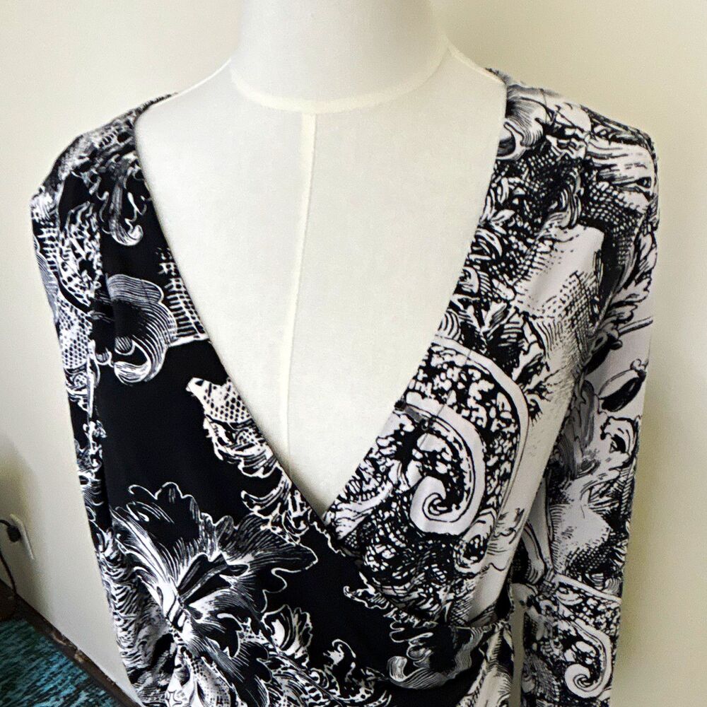 BCBGMAXAZRIA Womens Dress L Black/White Paisley V-Neck 3/4 Sleeve Belt Wrap  728